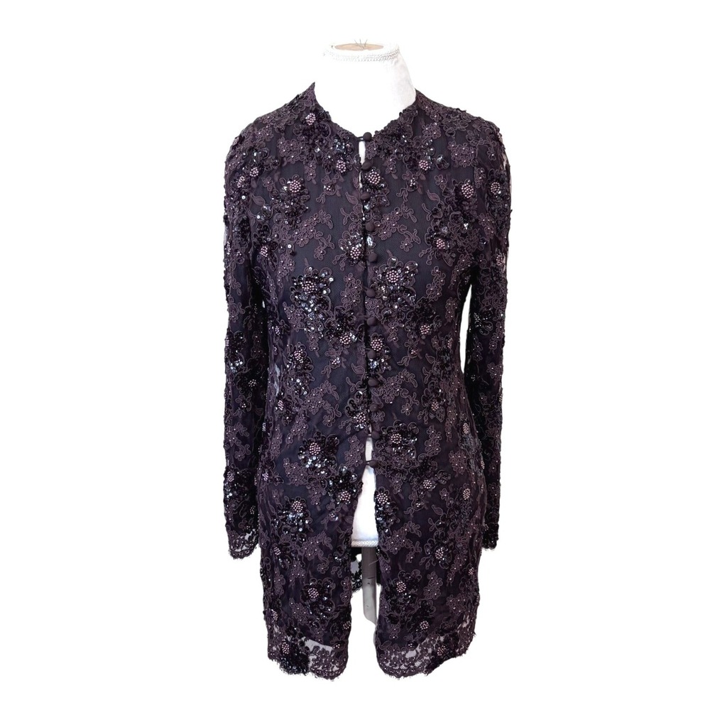 Vintage Beaded Evening Jacket Silk Lace XS Chocolate Brown Floral Sequin Wedding